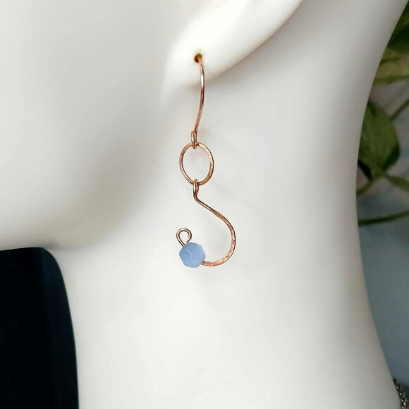 Cats Eye Beaded Dangle Earrings, Hammered Copper Jewelry 2" - Picture 1 of 6